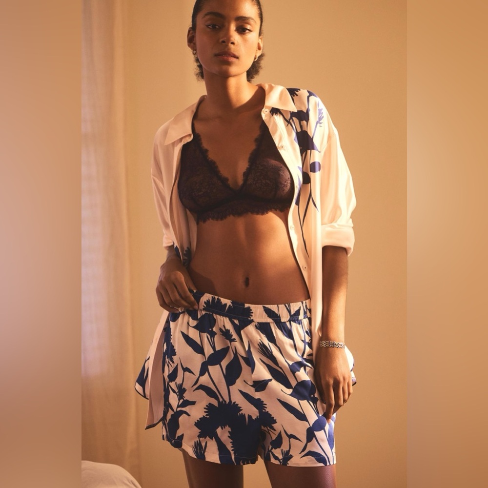 By Anthropologie pajama shorts pj blue motif silky nwt $58